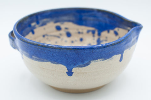 Batter bowl in spiced cream and blue glaze and splatter