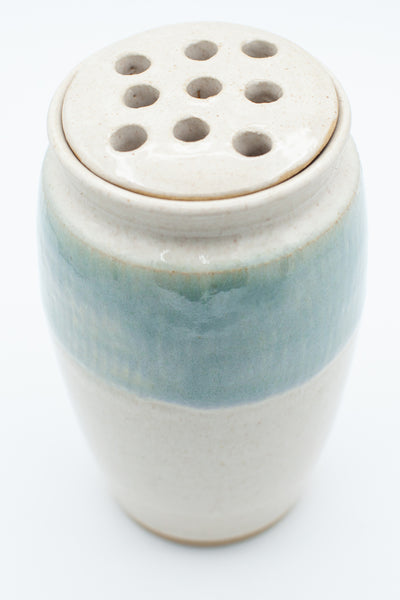 Vase with flower frog in spiced cream and teal glaze