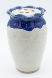 Vase with fluted rim and flower frog in spiced cream and blue glaze