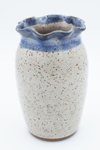 Vase with scalloped rim in spiced cream and blue glaze