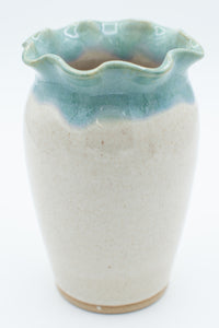 Vase with scalloped rim in spiced cream and teal glaze