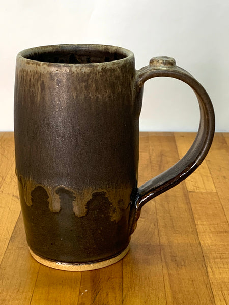 Handmade stoneware beer mug in brown and tan glaze
