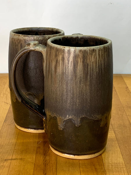 Handmade stoneware beer mug in brown and tan glaze
