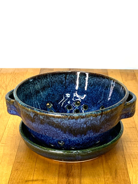 Handmade stoneware berry bowl in Starry Night glaze with drain plate