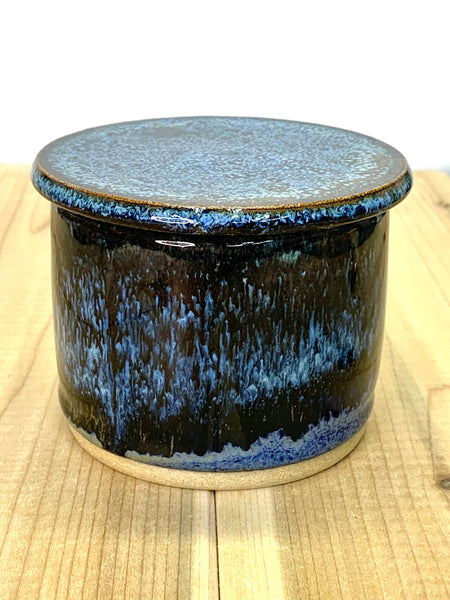 Handmade stoneware butter keeper in Starry Night glaze