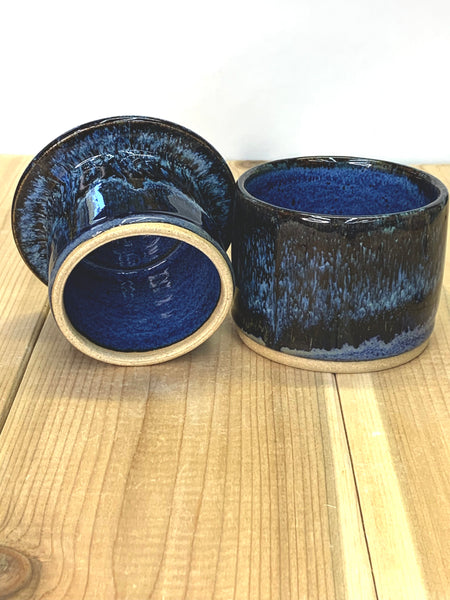 Handmade stoneware butter keeper in Starry Night glaze