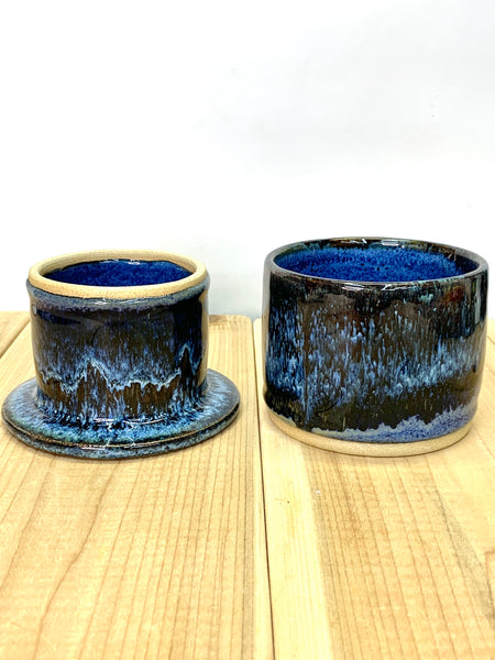 Handmade stoneware butter keeper in Starry Night glaze
