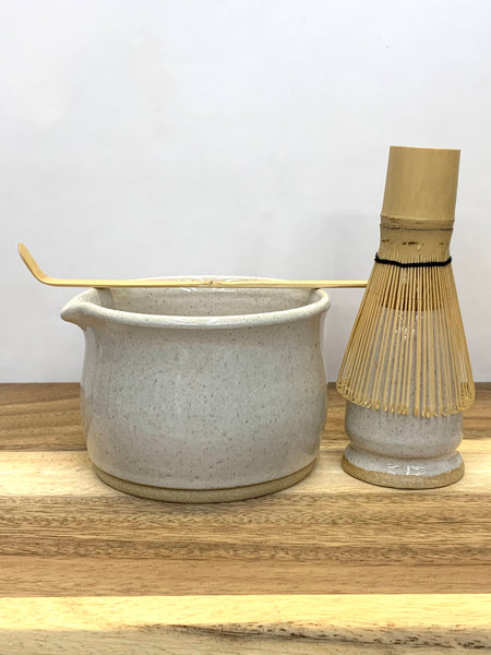 Handmade stoneware matcha bowl in spiced cream glaze
