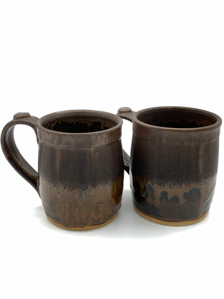 Handmade stoneware mug in brown and tan glaze