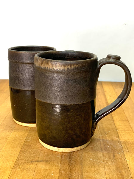 Handmade stoneware mug in brown and tan glaze