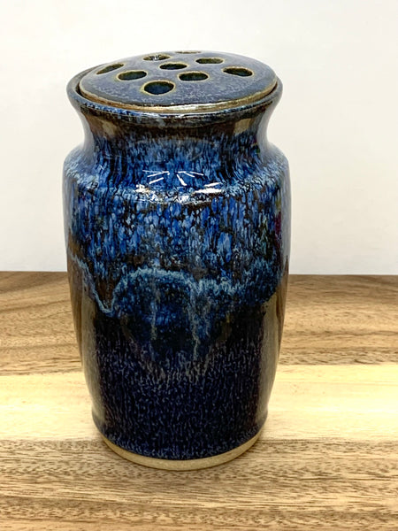 Handmade stoneware vase with flower frog in Starry Night glaze