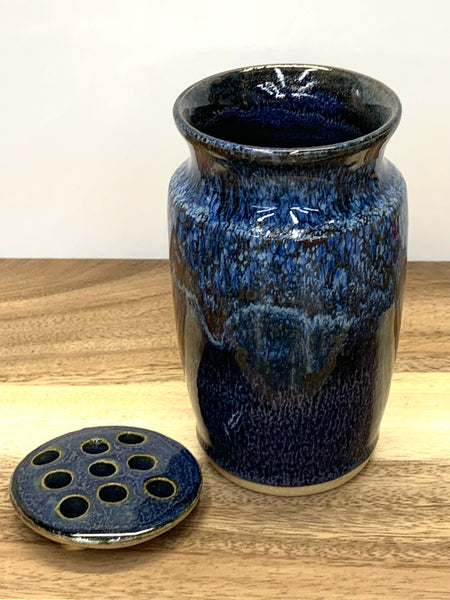 Handmade stoneware vase with flower frog in Starry Night glaze