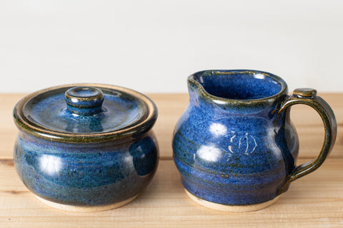 Small Handmade Speckled Stoneware Sugar Bowl and Creamer Pitcher
