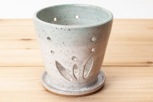 Orchid planter in speckled clay with Spiced Cream and Teal glaze