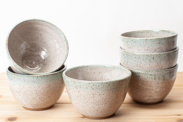 Noodle bowl in Spiced Cream and Teal glaze with speckled clay